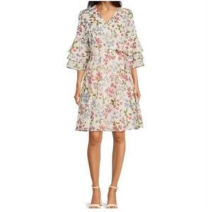 Calvin Klein Floral V-Neck Bell Sleeve Midi Dress Size 14 Flowy Chic Cottagecore